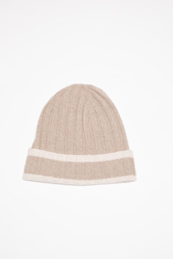 Ribbed Recycled Cashmere Beanie with Contrast Stripe